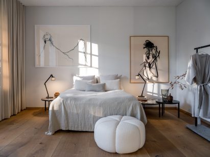 Bedroom interior of Vipp Pencil Case hotel in Copenhagen