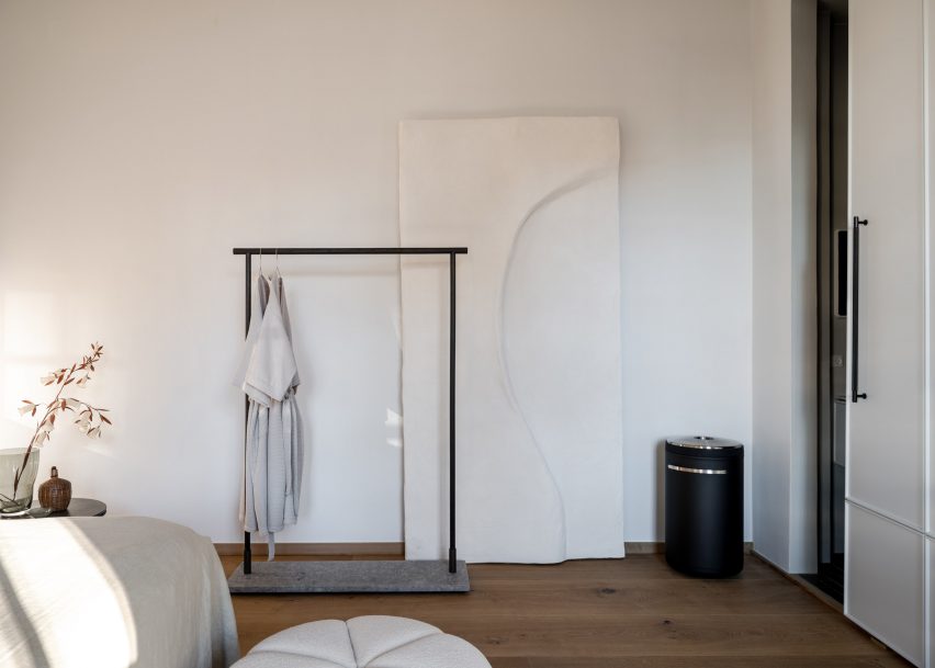 Bedroom interior of Vipp Pencil Case hotel in Copenhagen