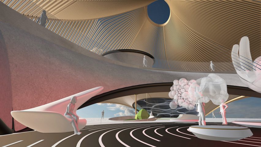 White avatars inside a virtual city building