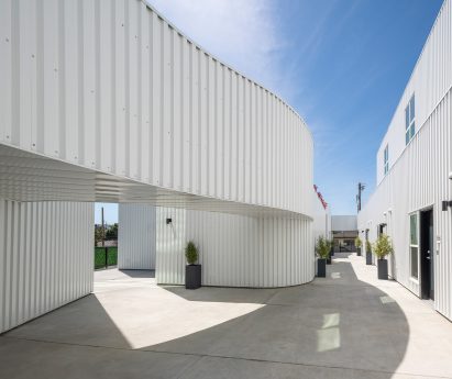 white apartment building LA