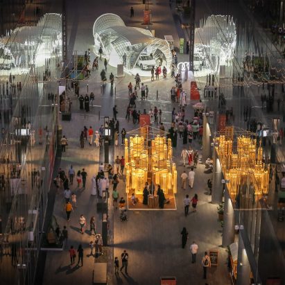 Photo of a mirrored hall with reflected lights