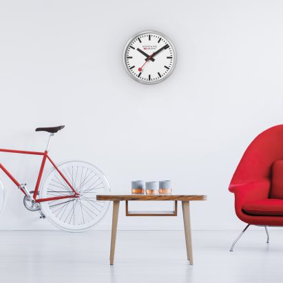 A Mondaine SBB Station Clock in a living room