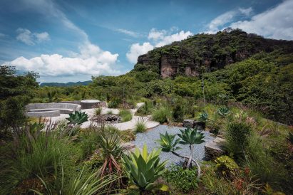 landscaped terrace above