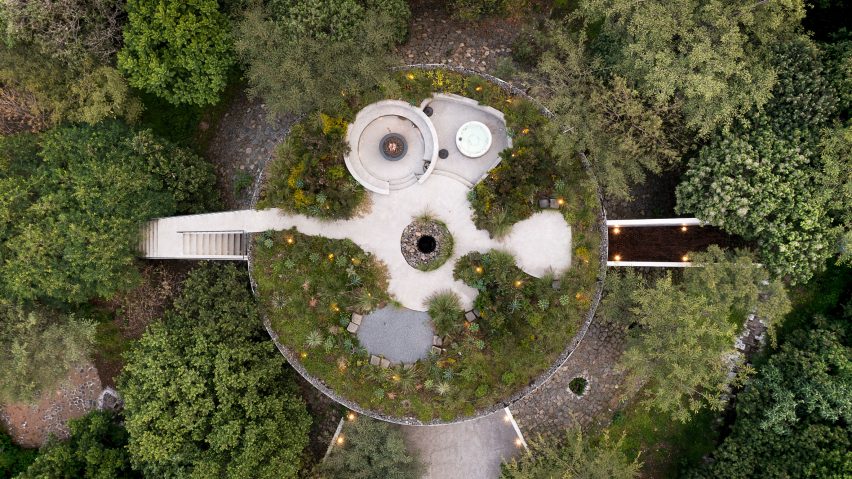 aerial view of partially buried spa