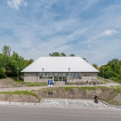 Brick building with steep roof