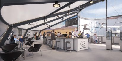A rendering of the interior of Air One's passenger lounge