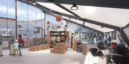 A rendering of a retail space inside a skyport