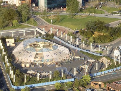 A rendering of an domed airport for flying cars