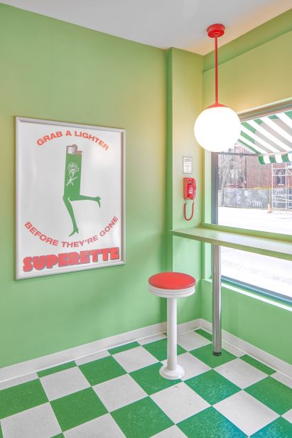 A green and white checkered floor in a store