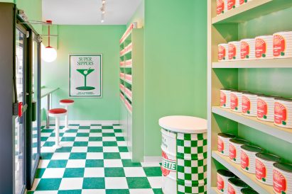 The interior of a retro styled marijuana dispensary