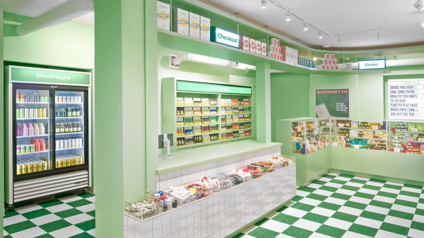 A green shop interior