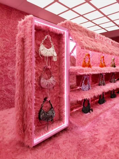 Le Cagole bags are pictured in a fur-lined cabinet