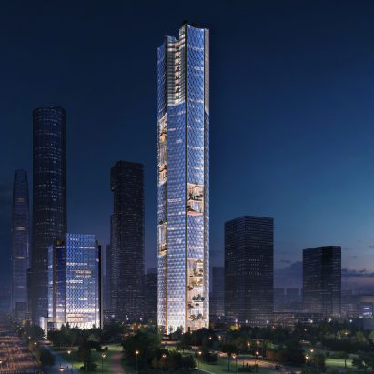 Render of Nanjing Nexus lit at night