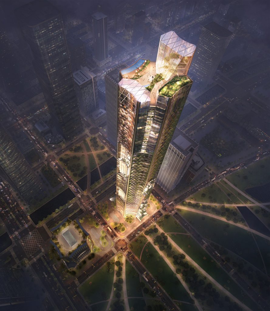 Nanjing Nexus is a 350-metre tall skyscraper by Büro Ole Scheeren
