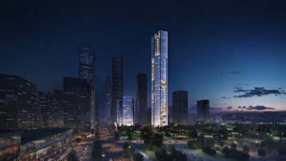 Render of the tower lit at twilight
