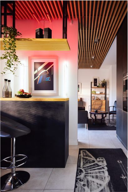 Kitchen with Star Wars rug and Darth Vader artwork
