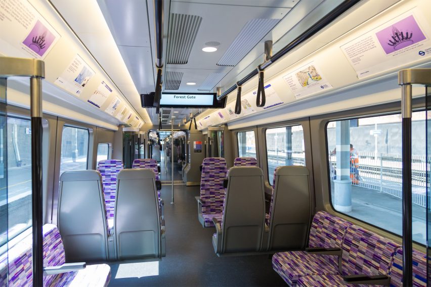 An Elizabeth line train with seats by Wallace Sewell
