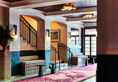 A decadent lobby with red carpet