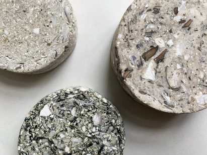 Samples of concrete substitute made from oyster shells, fish glue, rice starch and kelp