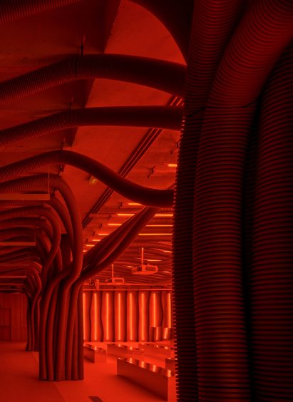 PVC pipes wrapped around columns in Everywhere and Nowhere installation