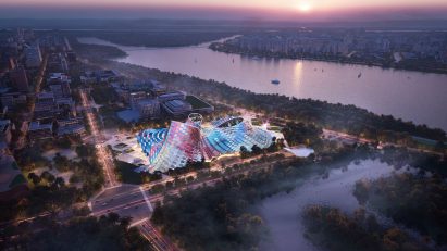 Render of the volcano-like performing arts centre