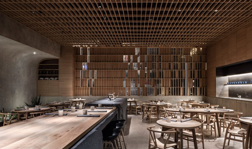 Hiba restaurant in Tel Aviv features oak and granite interior