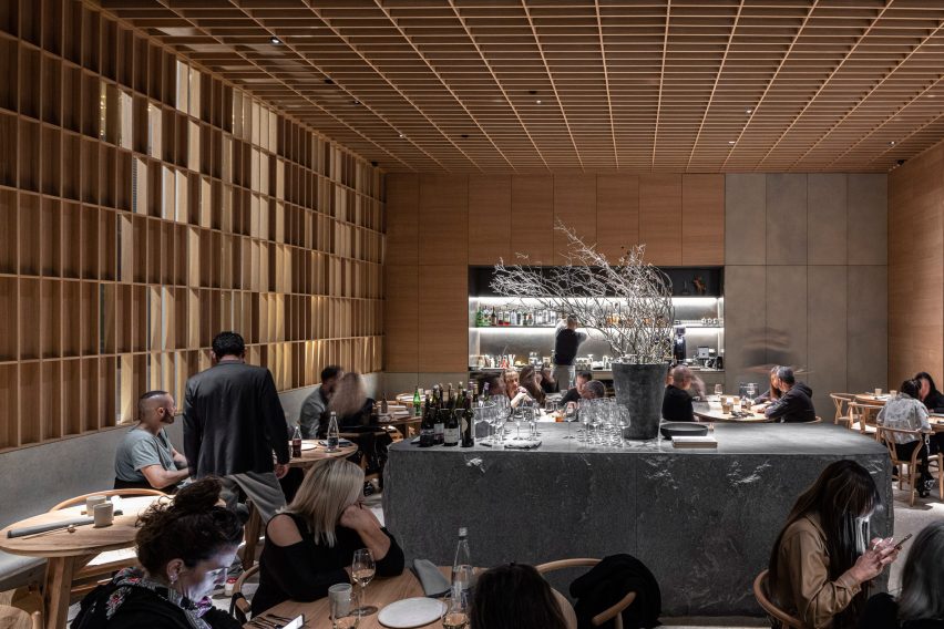 Hiba restaurant in Tel Aviv features oak and granite interior