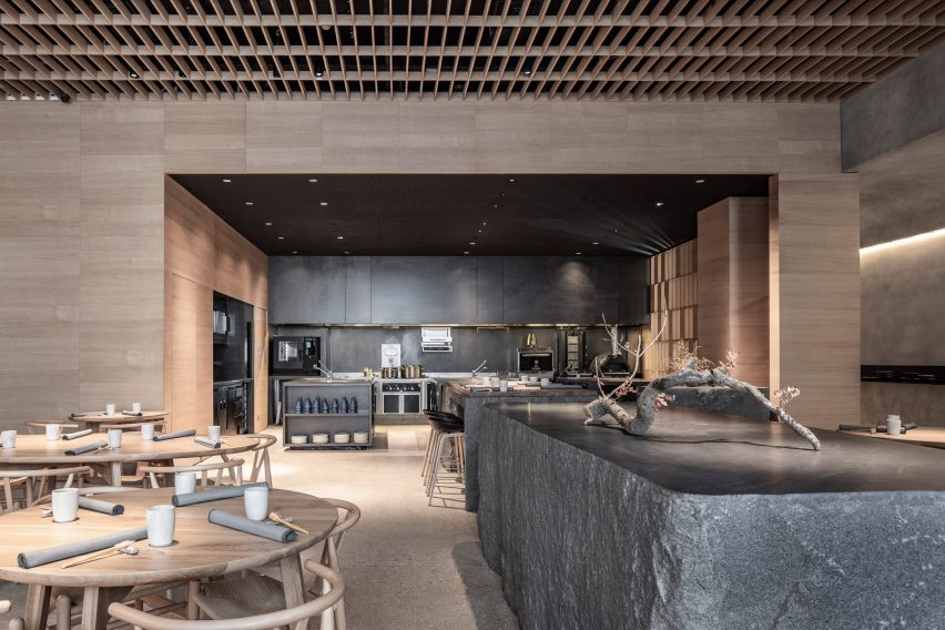 Hiba restaurant in Tel Aviv features oak and granite interior