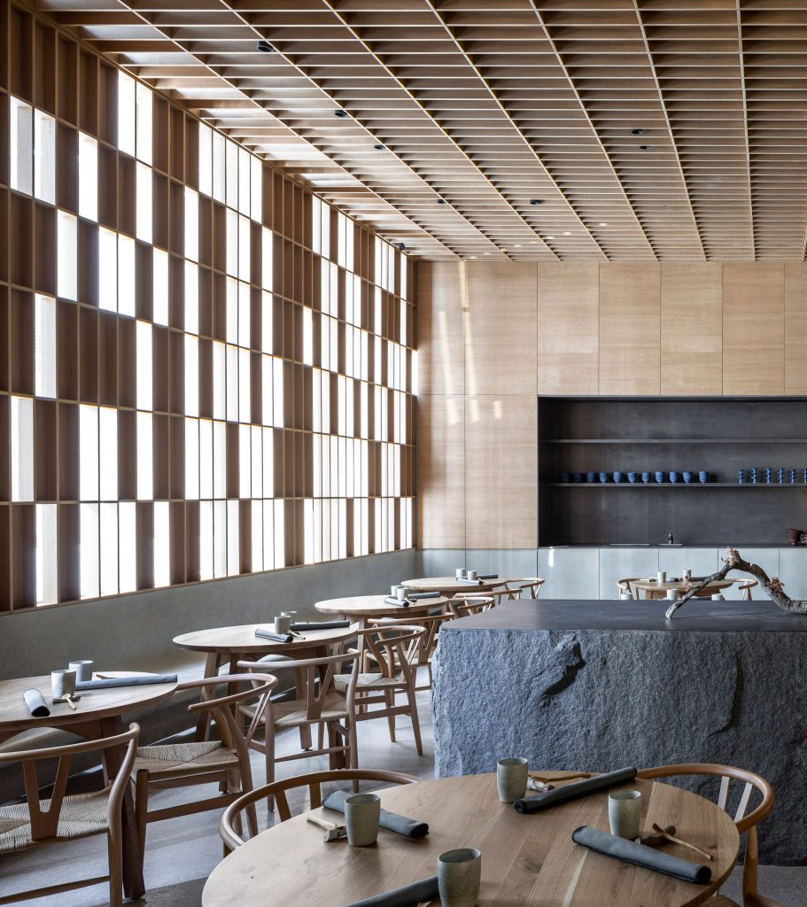 Hiba restaurant in Tel Aviv features oak and granite interior