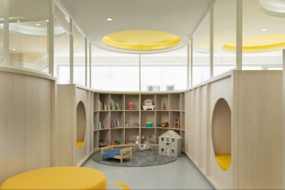 Wooden shelves and cubby holes in a school