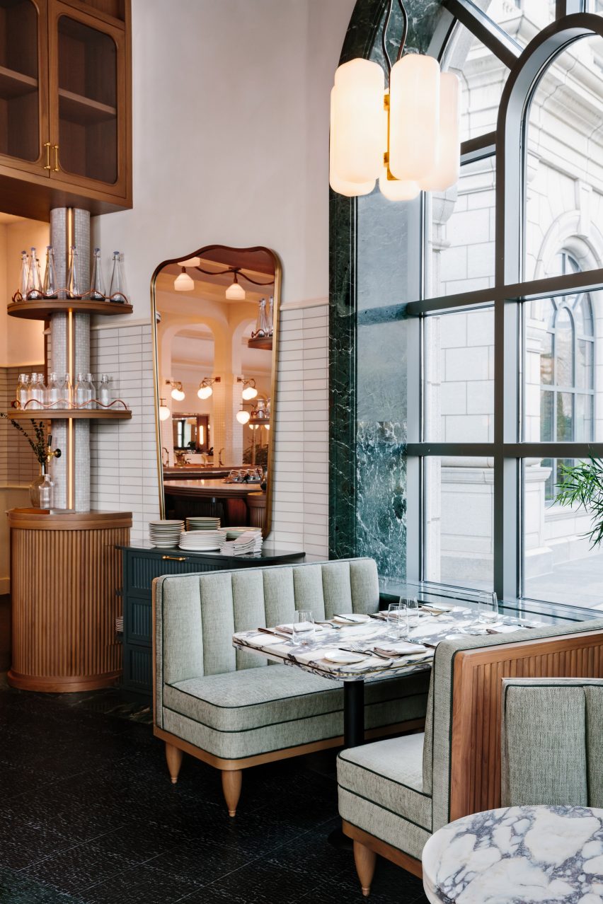 Seating beside marble-framed window
