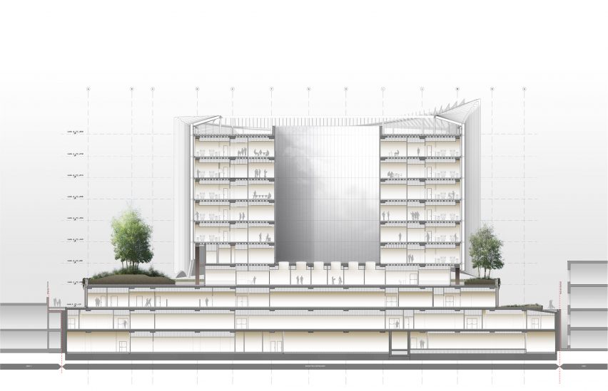 Section drawing of the San Raffaele Hospital by Mario Cucinella Architects