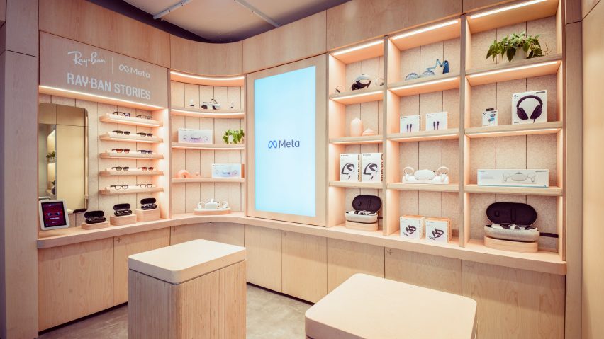 A shelving wall displaying Meta hardware products
