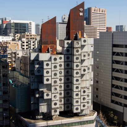 Exterior of Nakagin Capsule Tower facing demolition