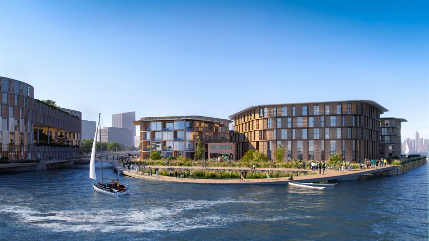 Rendering of low-rise buildings on the floating platforms of Oceanix Busan