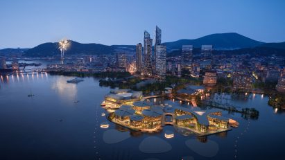 Aerial view of Oceanix Busan floating city at night