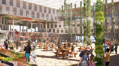 Aquaponic forest hall with produce market traders and wooden benches for dining
