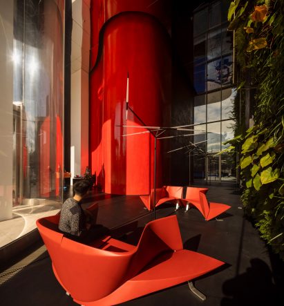 Image of a seating area in the residential tower's lobby