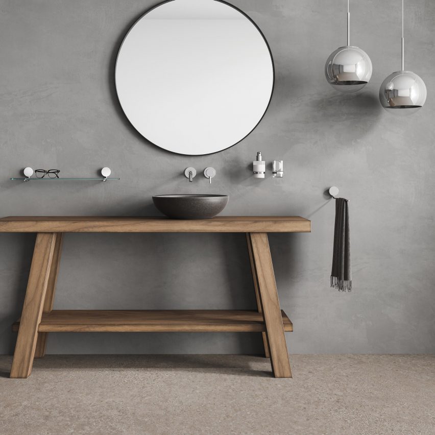 Opal bathroom shelf above a wooden sink