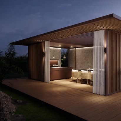 Pavilion H by Kettal at night with ambient lighting