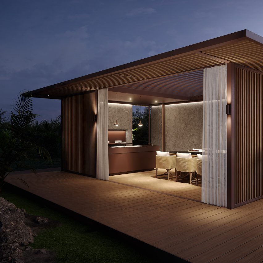 Pavilion H by Kettal at night with ambient lighting