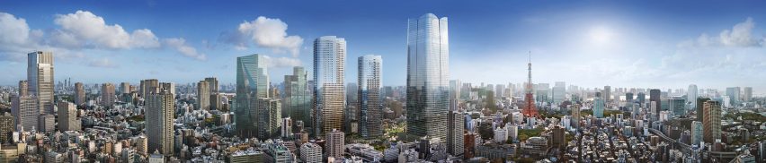 Panoramic render of central Tokyo and its buildings