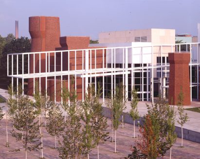 Image of the white scaffolding and the exterior of the Wexner Center for the Arts