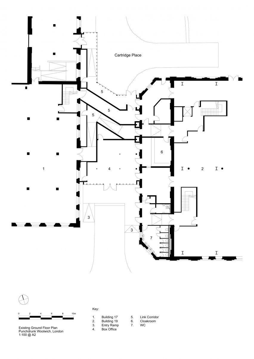 Entrance pavilion for Punchdrunk theatre company by Haworth Tompkins plans