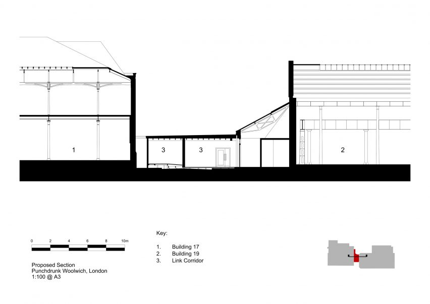 Entrance pavilion for Punchdrunk theatre company by Haworth Tompkins plans