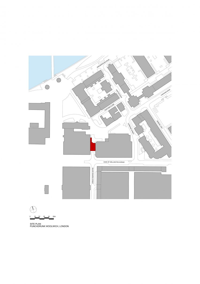 Entrance pavilion for Punchdrunk theatre company by Haworth Tompkins plans