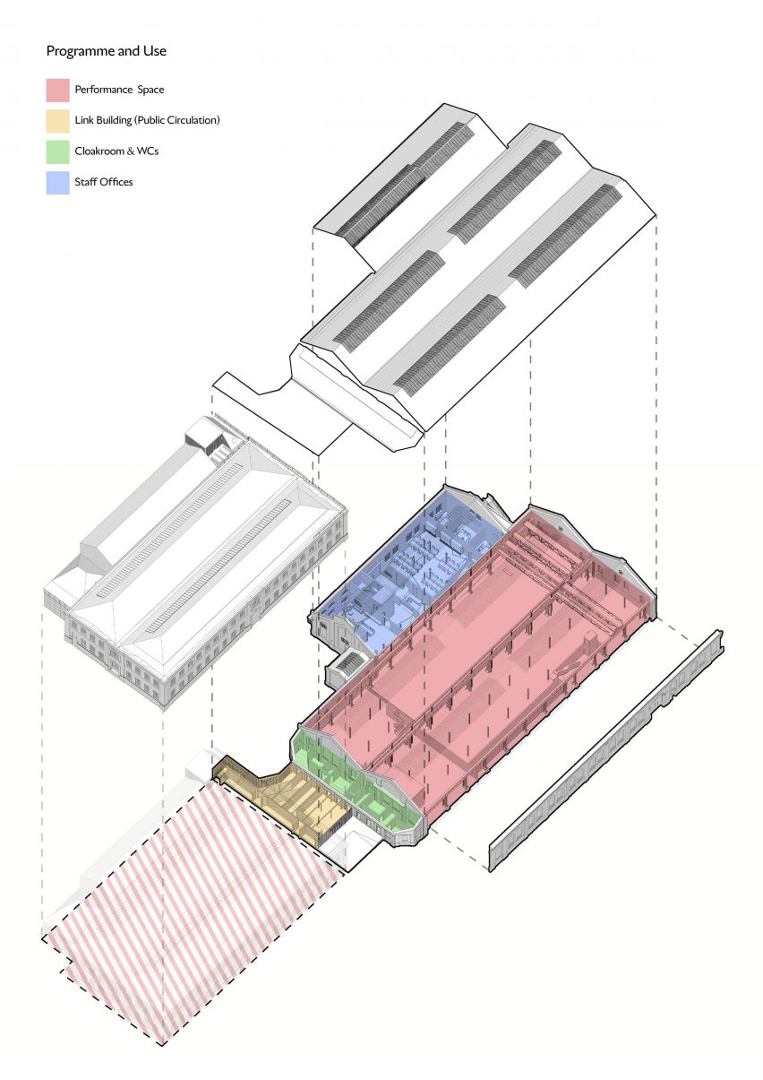 Entrance pavilion for Punchdrunk theatre company by Haworth Tompkins plans