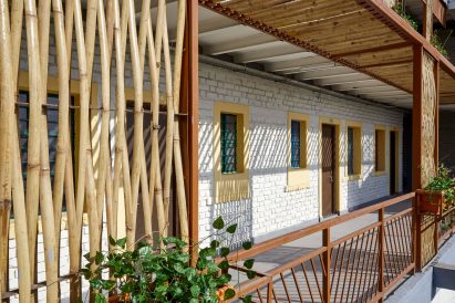 Bamboo screens and colourful windows in Indian house