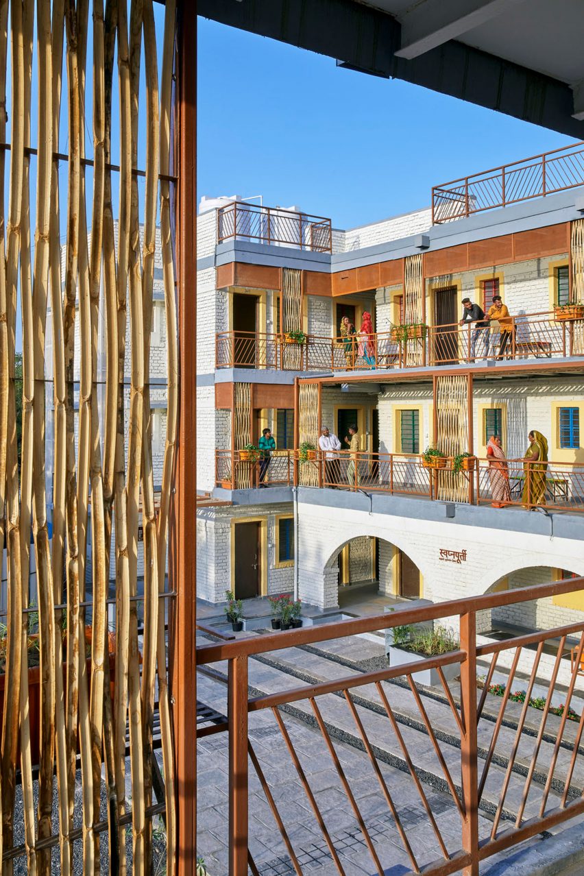 View of courtyard outside Indian multi-storey building