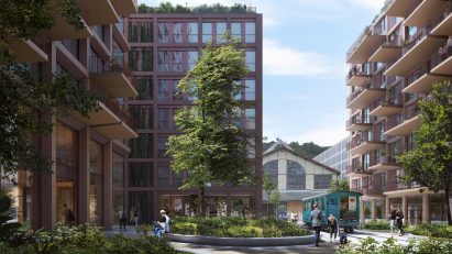 Render of the public plaza at Rocket&Tigerli